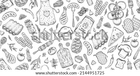 BBQ Seamless Pattern. Barbecue background,  sketch style with grill vector food. Meat steak, beef kebab, fish, sausage, rib, sauce. Barbeque doodle hand drawn illustration. Vintage BBQ Restaurant menu