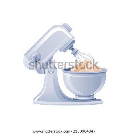 Kitchen mixer. Vector food bowl blender illustration. Stand electric kitchen mixer. 3d Mixing machine aid icon. Cooking mix smoothie blender. Isolated logo. Cartoon bakery and juicer flat chef cake