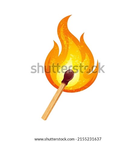 Match with fire vector. Matchstick icon. Match stick flame flat illustration. Red ignited matchstick light. Lighter spark isolated on white background. Wood lit burn retro match stick