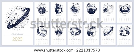 Calendar 2023. Cat chinese Zodiac design. Cute pet 2023 vintage animal template. Creative psychedelic vector. Month horoscope. Funny magic cartoon. Trendy new year astrology calendar. Sketch space cat