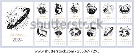 Calendar 2024 template. Cat pet design. Cute kitten 2024 vintage animal template. Months pages with creative sketch psychedelic vector. Funny magic cartoon. Trendy new year calendar. Cat groovy sketch
