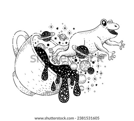 Creative concept with frog, cup, coffee splash and planets tattoo. Cute frog jump out of cup with tea and galaxy print. Concept of coffee break, launch, breakfast. Vector sketch celestial illustration