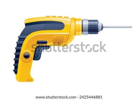 Drill machine vector. Electric power drill icon. Hand screwdriver. Cordless tool. Realistic 3d isolated illustration. Yellow battery bit for construction repair. Builder screwdriver instrument vector