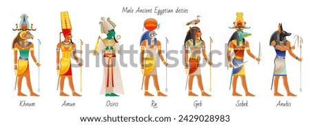 Egyptian god set. Ancient Egypt Gods. Queen vector. Mythology pharaoh characters. Old Egyptian history collection. Khnum Amun Osiris Ra Geb Sobek Anubis. Ancient Africa pharaoh king cartoon collection