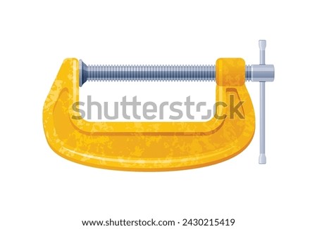 Clamp compress tool. Vise squeeze vector tool. Realistic cartoon yellow clamp compress with screw to tighten, grip object. Isolated metal vise icon. Carpenter accessories tool. 3d handyman instrument