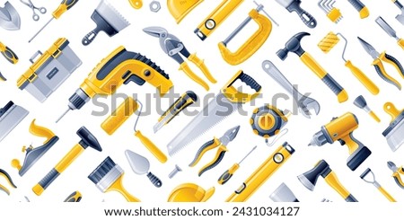 Construction tools seamless pattern. Hammer saw drill pliers background. Hardware, carpentry, repair and mechanic work toolbox pattern. Builder, plumber, handyman equipment. Construction tool seamless