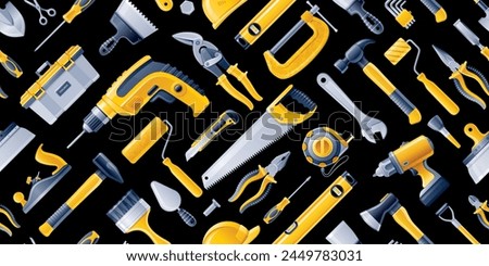 Repair tools seamless pattern. Construction set with hammer saw drill pliers background. Hardware, carpentry, repair and mechanic work toolbox pattern. Builder, plumber, handyman tool equipment