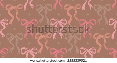 Bow pattern in color of year 2025 mocha mousse. Seamless pattern with mocha mousse background and pink ribbon. Cute print with brown palette, crayon flirtatious coquette bg. Vintage bow repeat vector