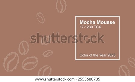 Mocha mousse color of year 2025 coffee background with frame. Mocha mousse trend bg with coffee bean. 2025 color palette card. Colour fashion template with label. Vector design sample. Print concept