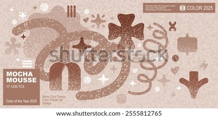 Mocha mousse poster, color of year 2025 frame with noise shape. Halftone background with light abstract mocha mousse texture. Vector poster cover backdrop in coffee palette. Geometric noise shape