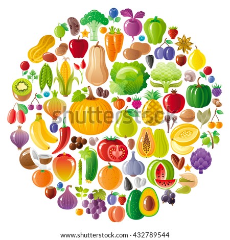 Vegetarian icon set with fruits, berries and vegetables icons on white background