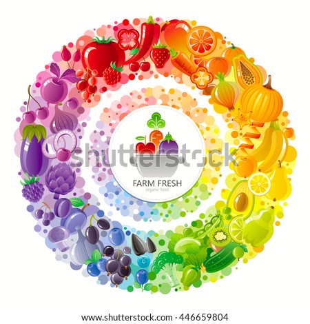 Vegetarian rainbow plate. Fruit, vegetable, nut, berry icons. Contains broccoli, strawberry, apple, cherry, pumpkin. Cooking logo for farmers market, dieting, restaurant menu, thanksgiving harvest