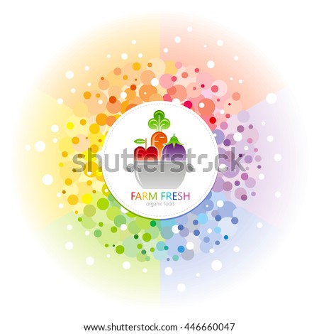 Fruit and vegetable logo icon in rainbow circle with pan, apple, carrot, eggplant. 
For farmers market, organic dieting, restaurant menu, thanksgiving harvesting