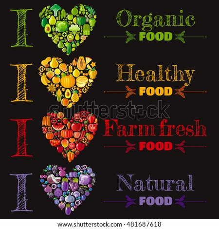 Organic food banner set template, heart icons. Fruit vegetable vector illustration. Fruits - strawberry, papaya, melon.Vegetables - onion, broccoli, cauliflower, cucumber. Nuts - peanut, hazelnut.