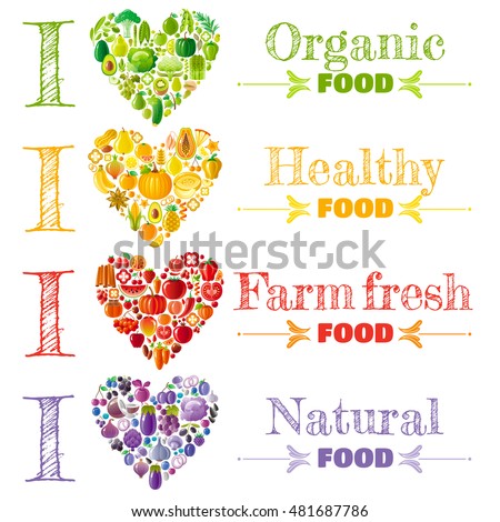 Organic food banner set template, heart icons. Fruit vegetable vector illustration. Fruits - peach, pear, lemon, apple, mango, kiwi, lime. Vegetables - corn, chili, peas, soybean. Herbs - mint, basil