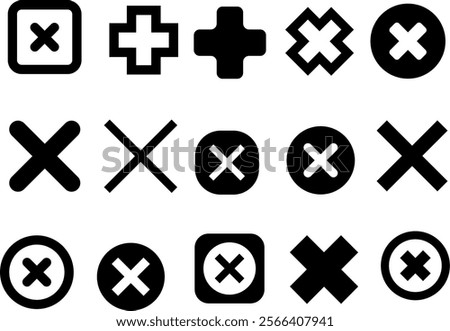 A set of black and white symbols including an X, a cross, and a circle. The X is the most common symbol