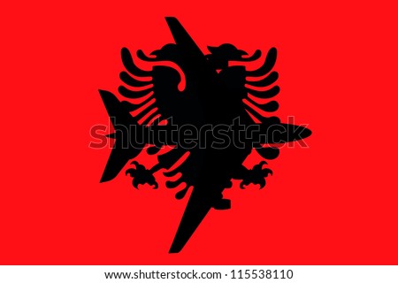 Vector Illustration of a passenger plane flying over the flag of Albania