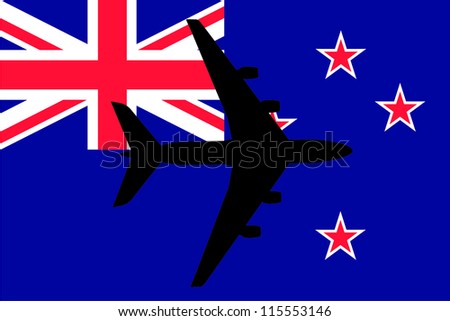 Vector Illustration of a passenger plane flying over the flag of New Zealand
