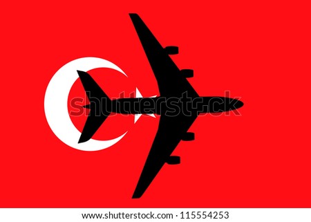 Vector Illustration of a passenger plane flying over the flag of Turkey