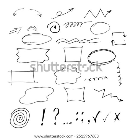 set doodles outline arrows, frames, zigzags, signs, dots, commas hand-drawn with a black pen