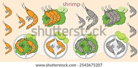 In the top row, individual shrimp are arranged in both their raw (gray) and cooked (orange) forms, with green vegetables next to them. Below each row of individual shrimp are plates containing 