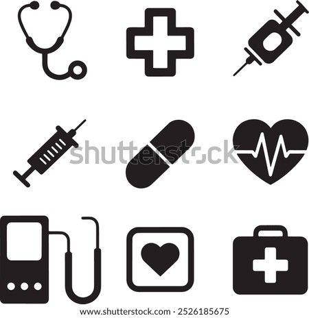 Medical Silhouette Icons Set: Stethoscope, Heartbeat, Syringe, and More.The image is a silhouette vector file featuring nine medical-related icons arranged in a 3x3 grid