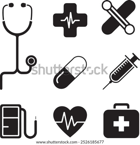 Medical Silhouette Icons Set: Stethoscope, Heartbeat, Syringe, and More.The image is a silhouette vector file featuring nine medical-related icons arranged in a 3x3 grid