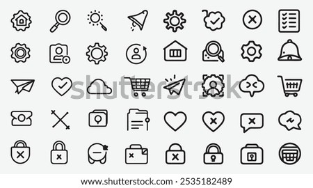 Black Thin Line UI Icons Set - Cloud, Heart, Lock, Settings, Cart, Search, and More