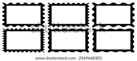 Square scalloped frame set. set of rectangle photo or picture frames with wavy inner borders. Simple label and sticker form. Text box frameworks design elements isolated on white background.