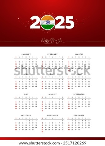 Colorful luxury Happy New Year 2025 Festive Calendar Design, 2025 Logo with Indian Flag on Red-Golden Confetti and star Background, Calendar January to December 12 Months, Happy New Year India