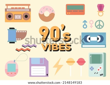 Big set of 1990's related items, retrowave vector icons and stickers: gameboy, pager, film, donut, video and audio cassettes, floppy disk, tamagotchi, etc.