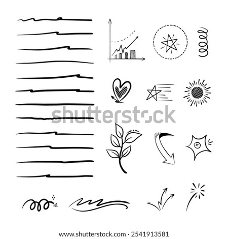 collection of simple and unique doodle elements, hand drawn for concept design isolated on white background.