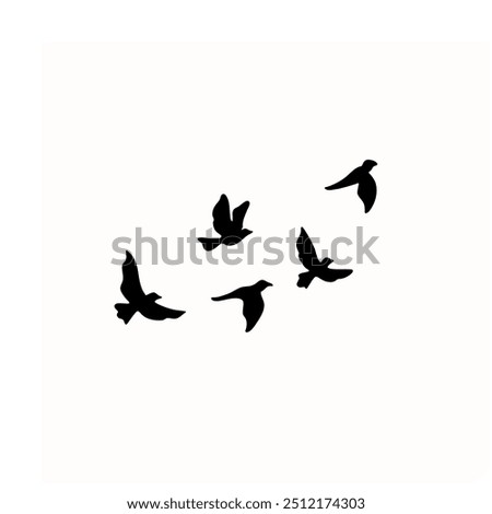 A group of silhouetted birds in scattered flight on a white background evokes a minimalist, serene freedom.