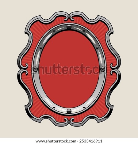 An ornate, silver-trimmed red shield, perfect for adding a touch of medieval elegance to your designs. This versatile graphic is ideal for heraldic projects, logo design.