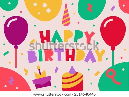 A colorful and fun birthday card design featuring balloons, confetti, and the words 'Happy Birthday'. Perfect for adding a cheerful touch to any celebration.