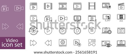 Video icon set. Containing camera, play, pause, media, online video, live, production, player, movie and cinema icons. video production icon outline icon