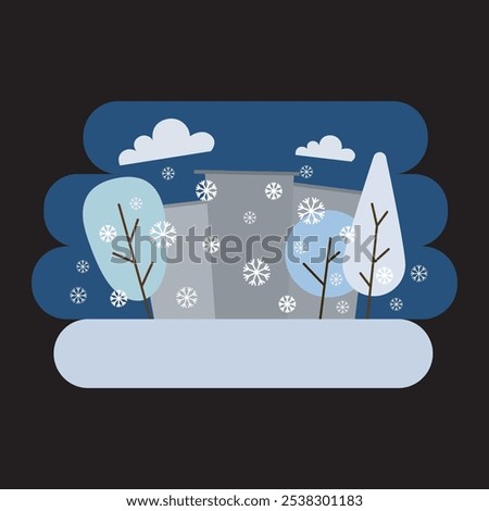 A minimalist winter scene illustration featuring abstract trees, a building, and falling snowflakes against a dark blue night sky. The simple shapes and muted colors create a cozy, serene atmosphere.