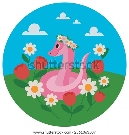 Illustration with a pink snake in a floral wreath among tulips and daisies on a green hill. Blue sky with clouds adds lightness. Theme of spring, nature and harmony. Fairytale style.