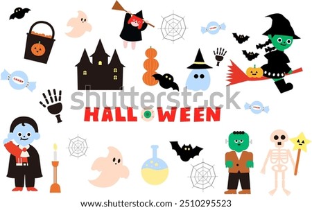 Cute Halloween vector illustration set with cartoon characters. Includes ghosts, witches, vampires, Frankenstein, skeletons, bats, pumpkins, and a spooky castle. Perfect for children's books, greeting