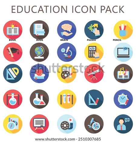 Education rounded multi color icons set. contain book, globe, calculator, pen, ruler, laptop and more. use for modern concept, web and app development. Vector EPS 10