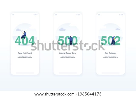 Illustration of error screens, handling exceptions, empty states. page not found error 404, internal server error 500, bad gateway error 502. Modern flat design concept ui ux.