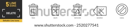 Delete line icon set. Set of 5 outline icons related to trash, delete, recycle bin, backspace, cancel and more. Vector illustration.