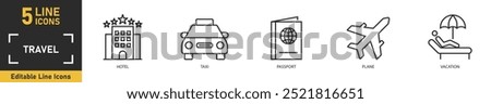 Travel line icon set. Set of 5 outline icons related to hotel, taxi, passport, plane, vacation and more. Vector illustration.