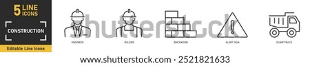 Construction line icon set. Set of 5 outline icons related to engineer, bulder, brickwork, alert sign, dump truck and more. Vector illustration.