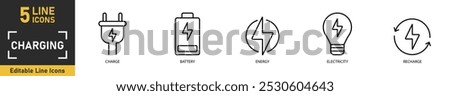 Charging line icon set. Set of 5 outline icons related to charge, battery, energy, electricity, recharge and more. Vector illustration.