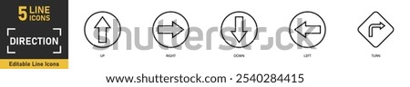 Direction line icon set. Set of 5 outline icons related to up, right, down, left, turn and more. Vector illustration.