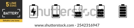 Battery line icon set. Set of 5 outline icons related to battery, charger, charge, indicator and more. Vector illustration.