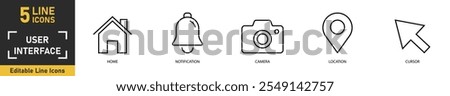 User Interface line icon set. Set of 5 outline icons related to home, notification, camera, location, cursor and more. Vector illustration.