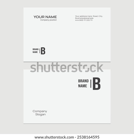 Minimalist business card template white background, bold brand logo, contact details, and company position.