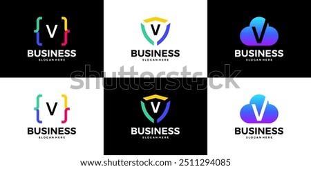 Set of letter V tech cloud, shield, coding logo design template.